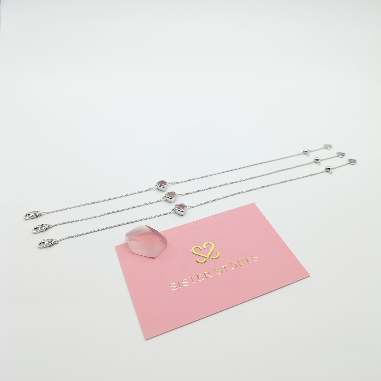 Set of 3 - Heart Rose Quartz Sterling Silver Bracelets
