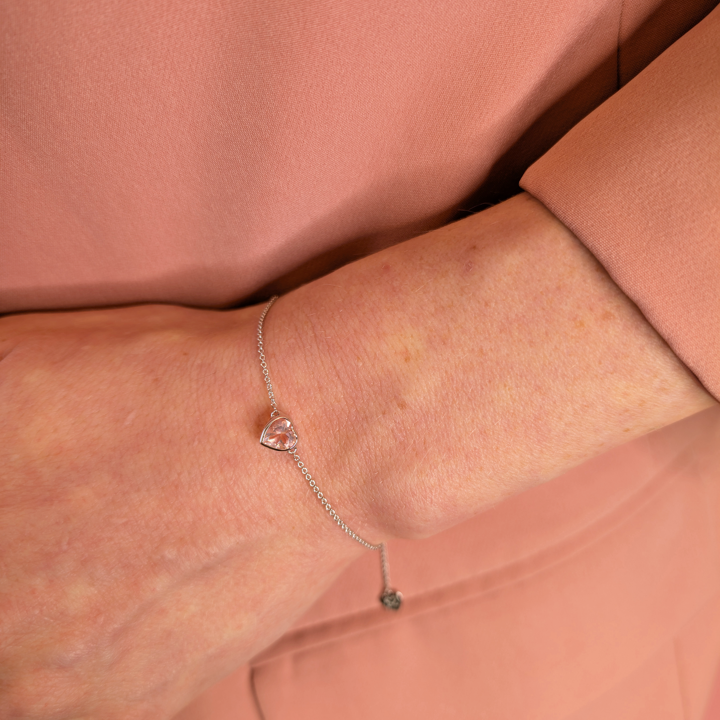 Set of 2 - Heart Rose Quartz Sterling Silver Bracelets