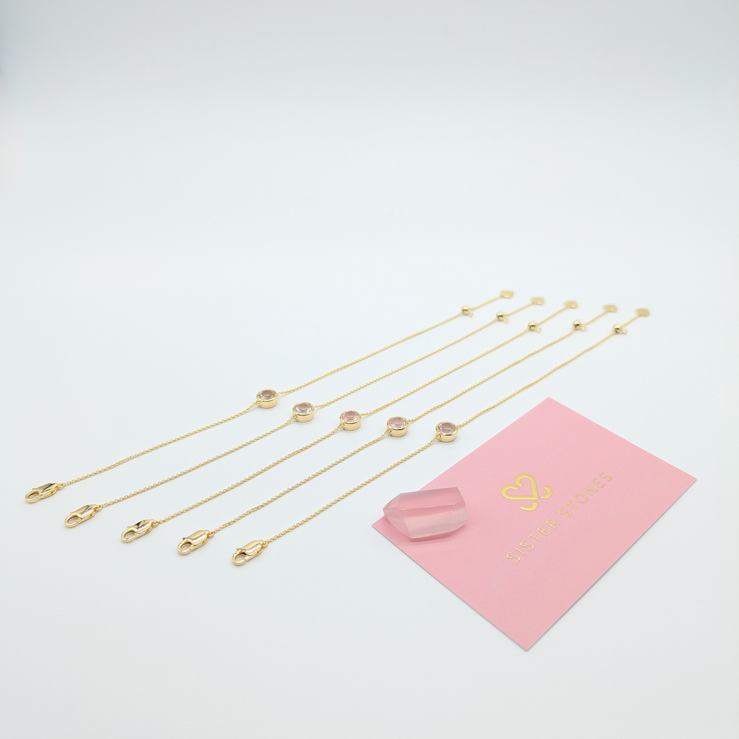 Set of 5 - Round Rose Quartz 18k Vermeil Bracelets