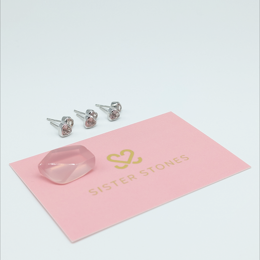 Set of 3 pairs - Heart Rose Quartz Sterling Silver Stud Earrings