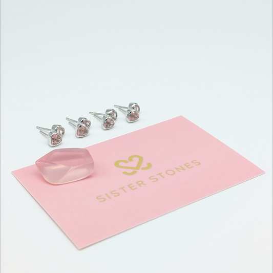 Set of 4 pairs - Heart Rose Quartz Sterling Silver Stud Earrings