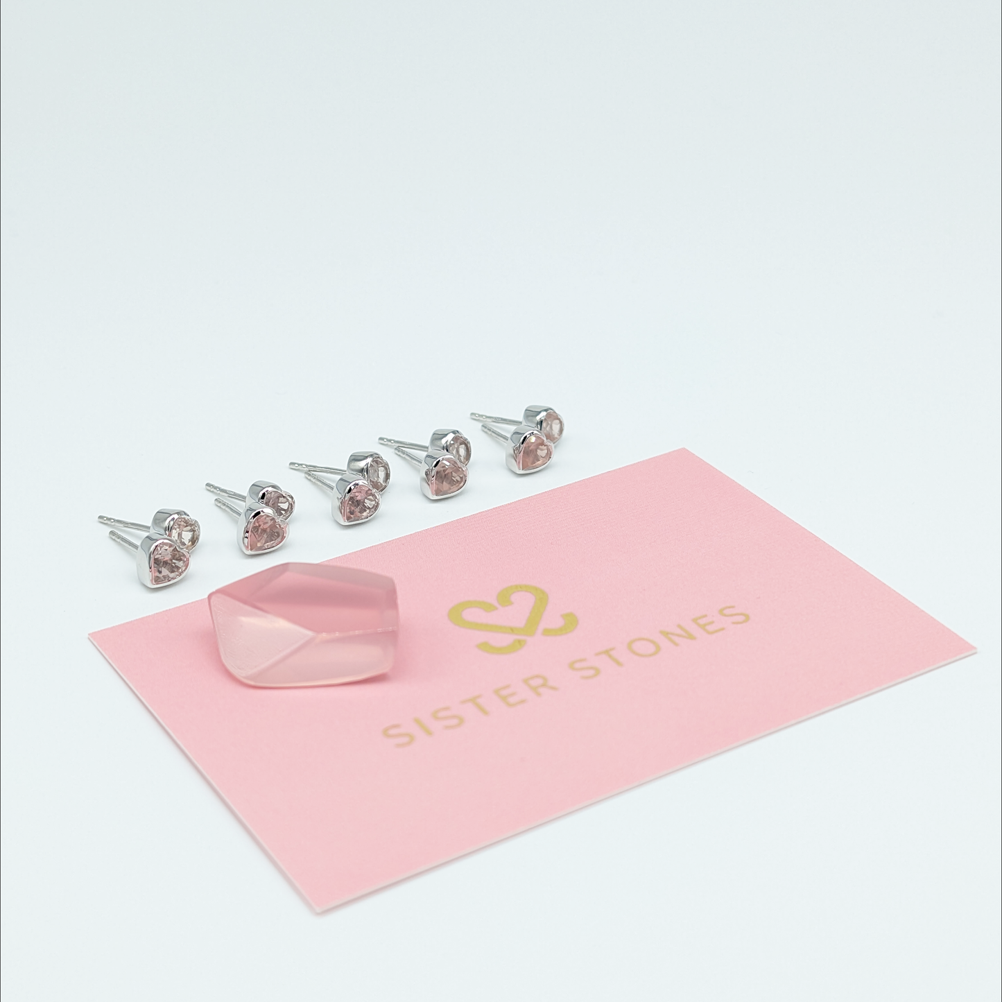 Set of 5 pairs - Heart Rose Quartz Sterling Silver Stud Earrings