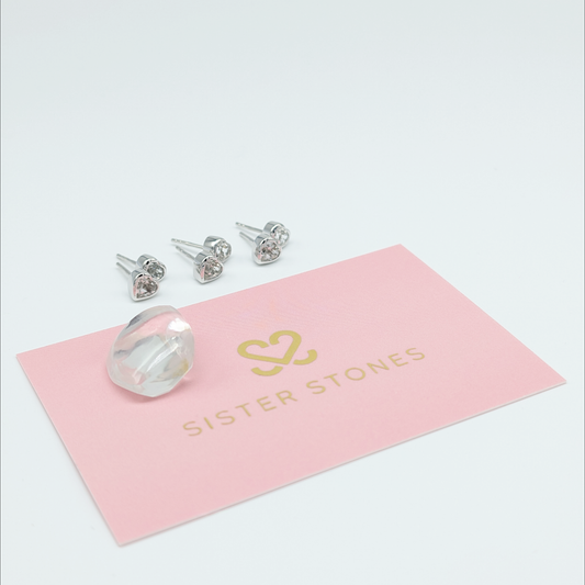 Set of 3 pairs - Heart White Topaz Sterling Silver Stud Earrings