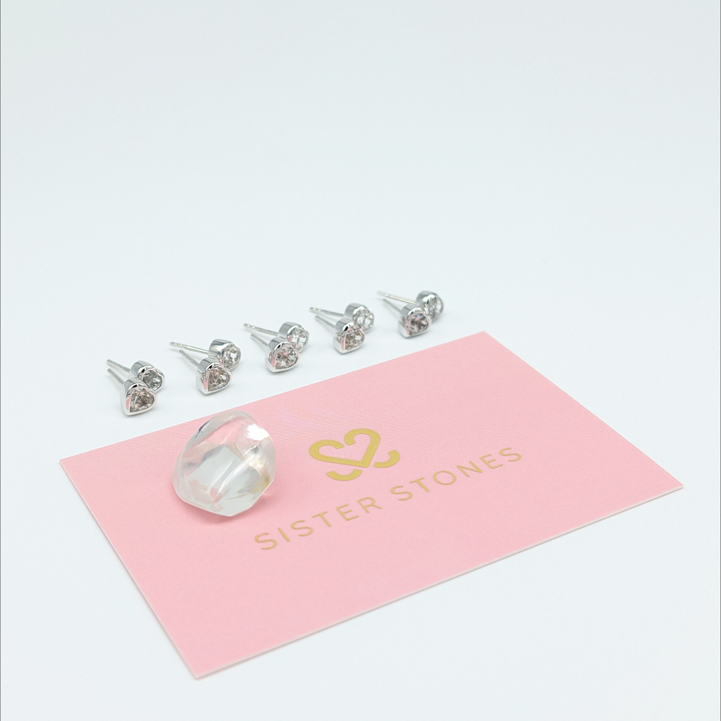 Set of 5 pairs - Heart White Topaz Sterling Silver Stud Earrings