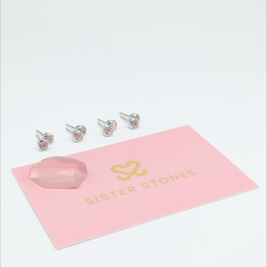 Set of 4 pairs - Round Rose Quartz Sterling Silver Stud Earrings