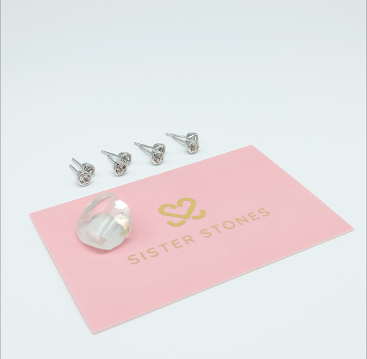 Set of 4 pairs - Round White Topaz Sterling Silver Stud Earrings