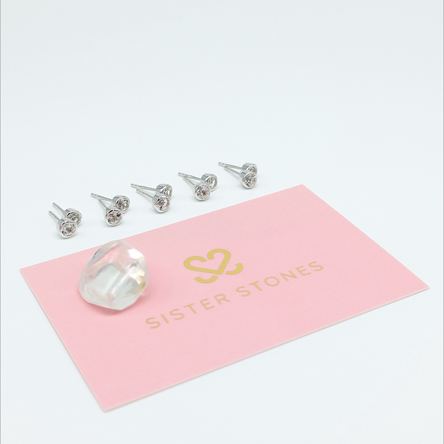 Set of 5 pairs - Round White Topaz Sterling Silver Stud Earrings