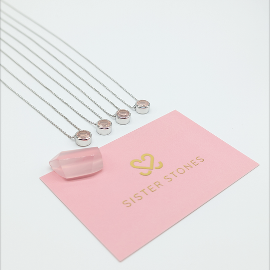 Set of 4 - Round Rose Quartz Sterling Silver Necklaces
